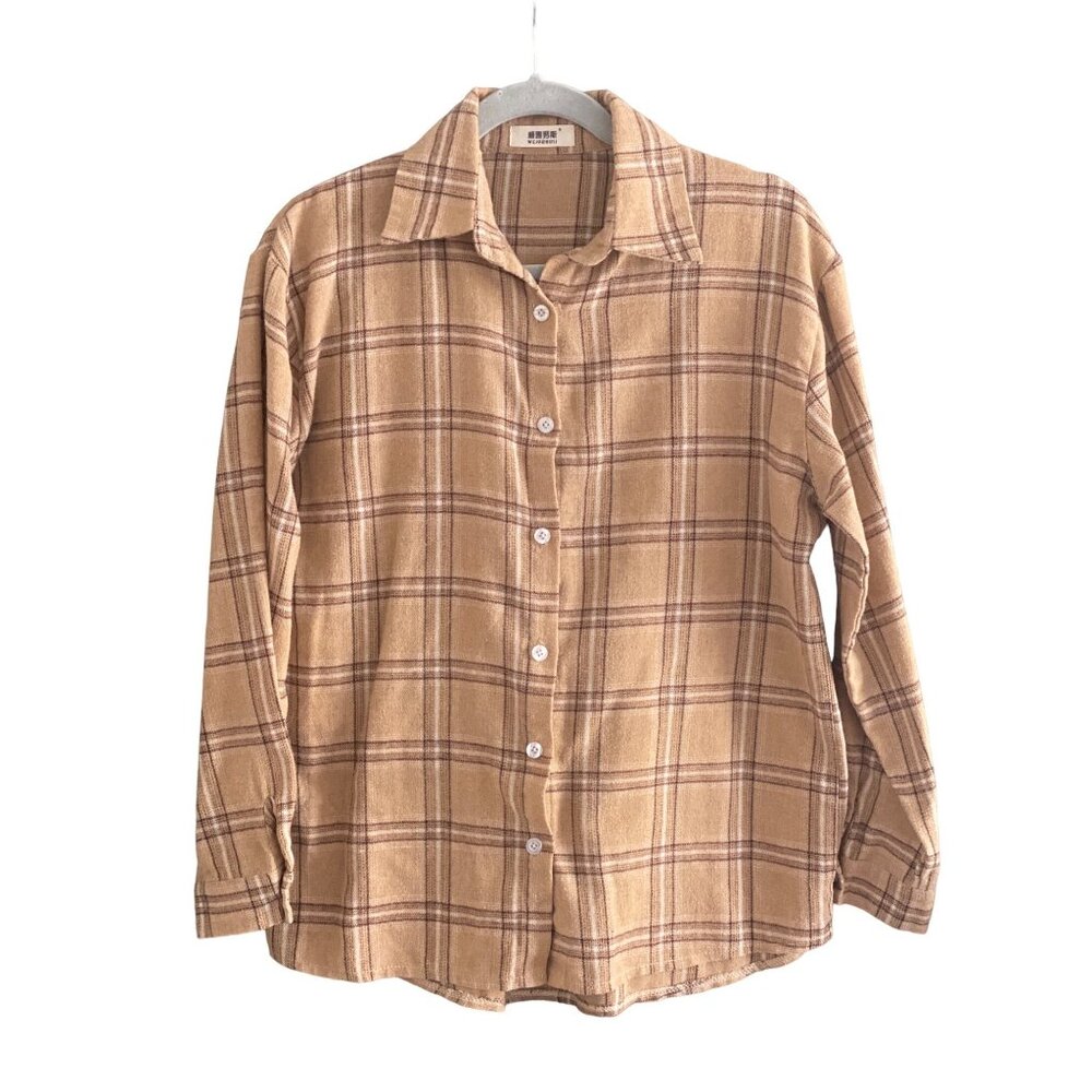 Women Weiyan Brown White Plaid Gauze Long Sleeve Shirt Buisness Casual